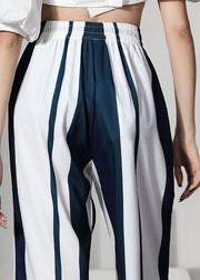 Bohemian White Striped Pockets Wide Leg  Pants - SooLinen