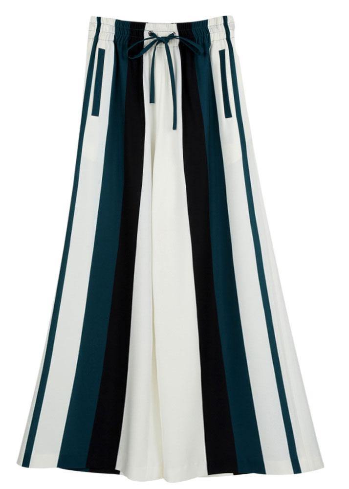 Bohemian White Striped Pockets Wide Leg  Pants - SooLinen