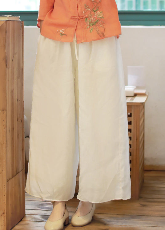 Bohemian White elastic waist drawstring Pockets Linen wide leg Pants Spring