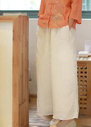 Bohemian White elastic waist drawstring Pockets Linen wide leg Pants Spring