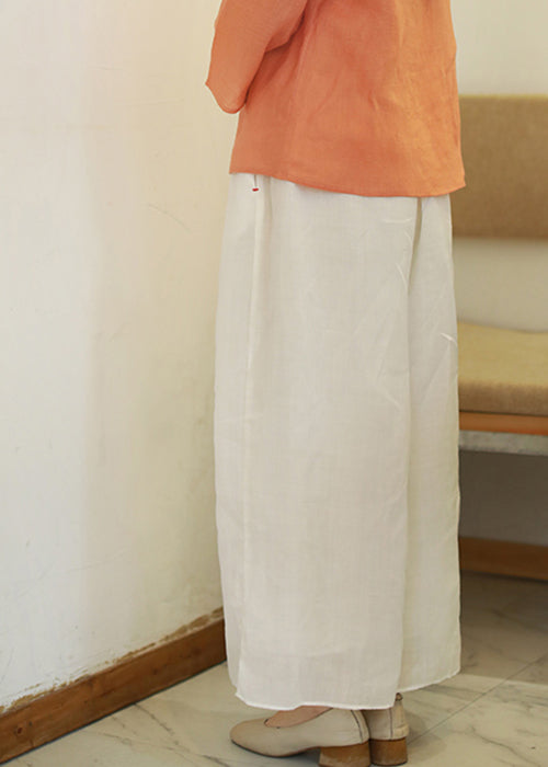 Bohemian White elastic waist drawstring Pockets Linen wide leg Pants Spring