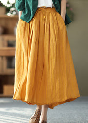 Bohemian Yellow Elastic Waist Wrinkled Linen Skirt Summer