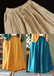 Bohemian Yellow Elastic Waist Wrinkled Linen Skirt Summer