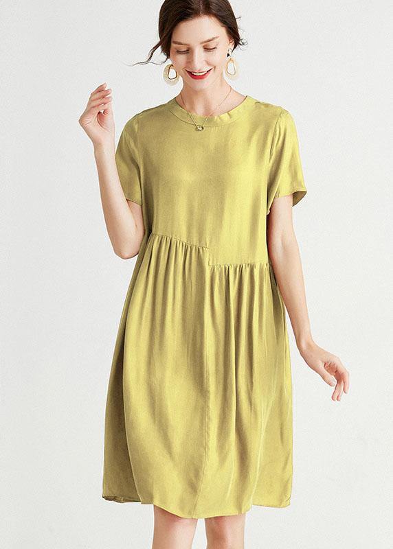 Bohemian Yellow Elegant Loose Summer Short Sleeve Mid Dress - SooLinen