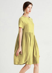 Bohemian Yellow Elegant Loose Summer Short Sleeve Mid Dress - SooLinen