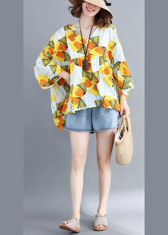 Bohemian Yellow Loose V-Ausschnitt Print Patchwork Herbst Tops halbe Ärmel