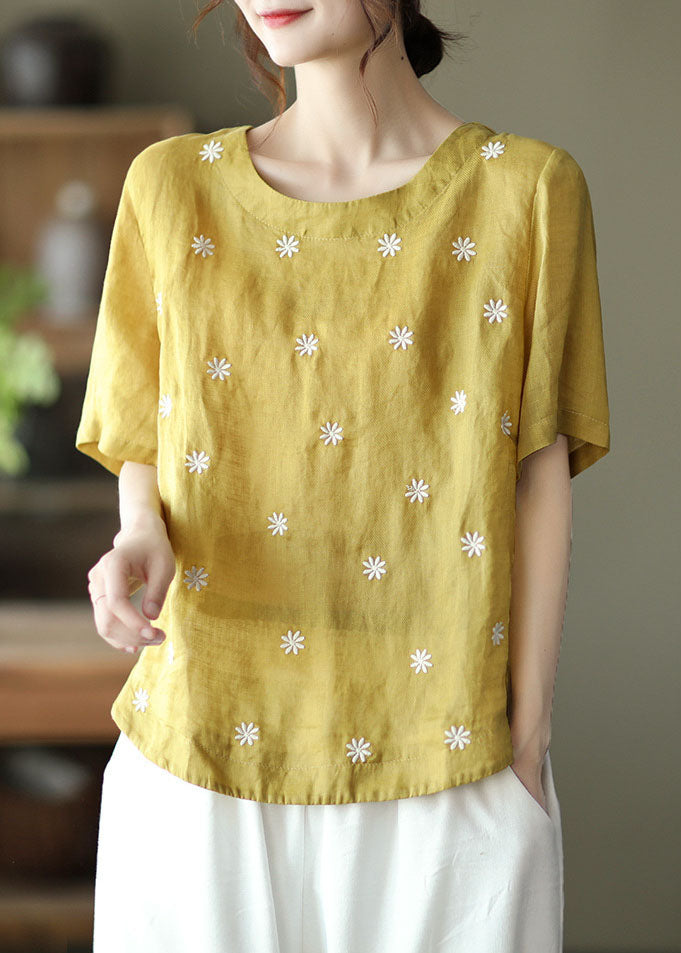 Bohemian Yellow O-Neck Linen Shirt Top Short Sleeve