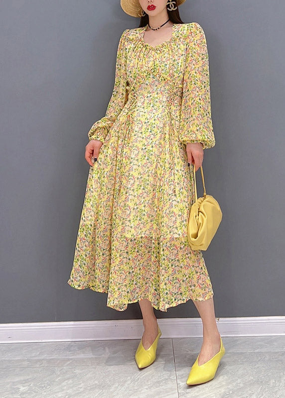 Bohemian Yellow O-Neck Print wrinkled Chiffon Long Dress Long Sleeve