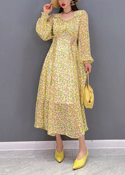 Bohemian Yellow O-Neck Print wrinkled Chiffon Long Dress Long Sleeve