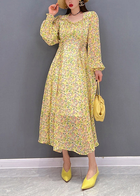 Bohemian Yellow O-Neck Print wrinkled Chiffon Long Dress Long Sleeve