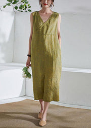 Bohemian Yellow Pockets Patchwork Summer Linen Long Dress Sleeveless - SooLinen