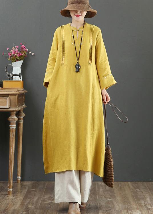 Bohemian Yellow Quilting Clothes Stand Collar Pockets Long Spring Dress - SooLinen