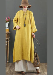 Bohemian Yellow Quilting Clothes Stand Collar Pockets Long Spring Dress - SooLinen