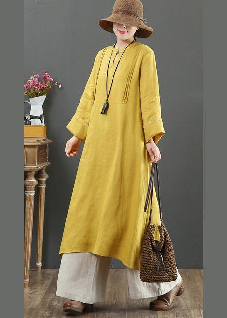 Bohemian Yellow Quilting Clothes Stand Collar Pockets Long Spring Dress - SooLinen