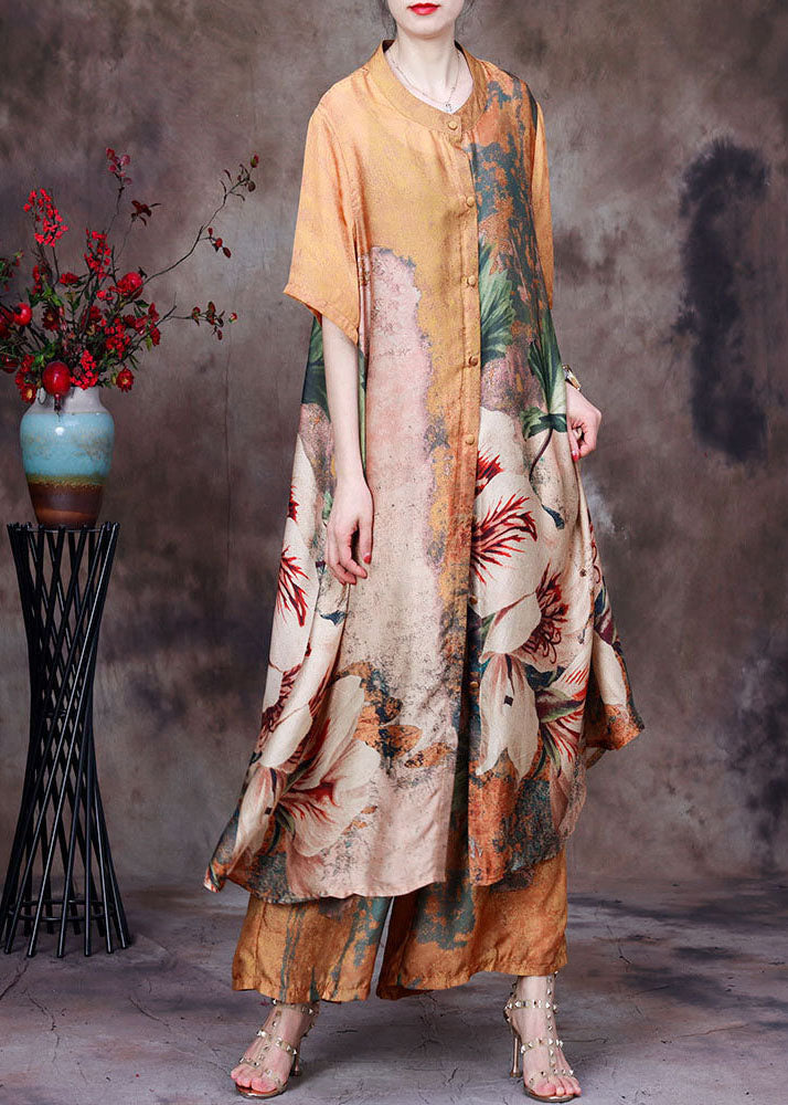 Bohemian Yellow Stand Collar Print Silk Long Shirt And Crop Pant Two Pieces Set Summer