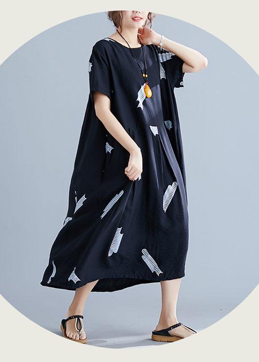 Bohemian black prints cotton linen Robes loose waist Plus Size Clothing summer Dresses - SooLinen