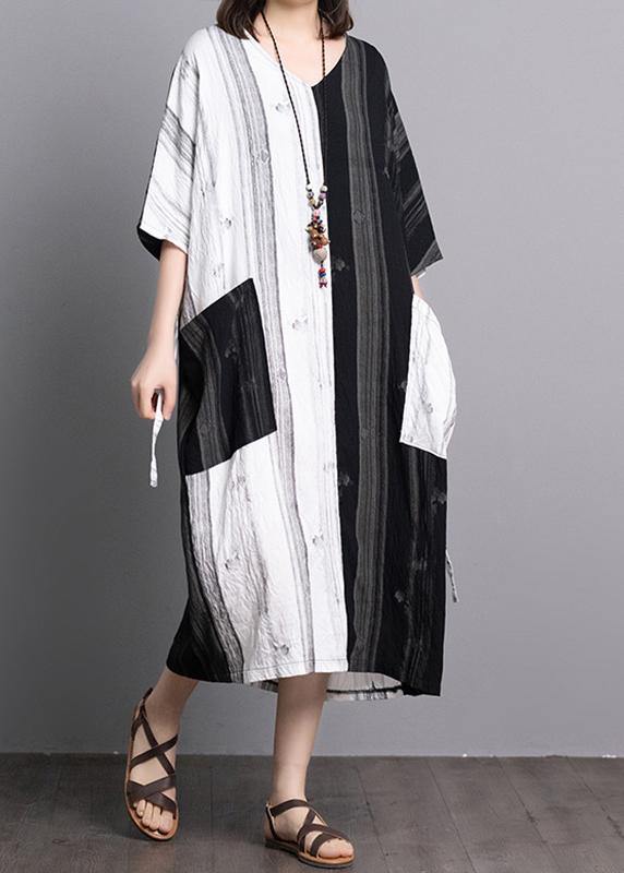 Bohemian black white patchwork linen dresses v neck pockets A Line summer Dress - SooLinen