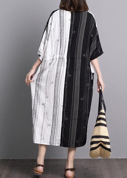 Bohemian black white patchwork linen dresses v neck pockets A Line summer Dress - SooLinen