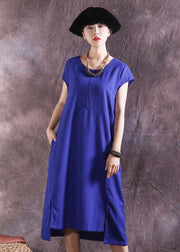 Bohemian blue Cotton Tunic asymmetric hem Plus Size summer Dresses - SooLinen