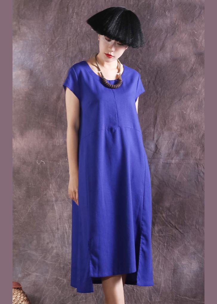 Bohemian blue Cotton Tunic asymmetric hem Plus Size summer Dresses - SooLinen