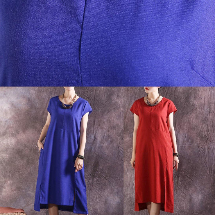 Bohemian blue Cotton Tunic asymmetric hem Plus Size summer Dresses - SooLinen