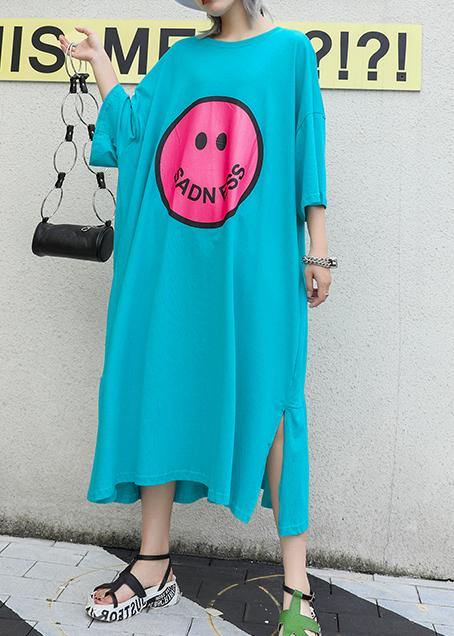 Bohemian blue green print cotton clothes o neck side open Robe summer Dress - SooLinen