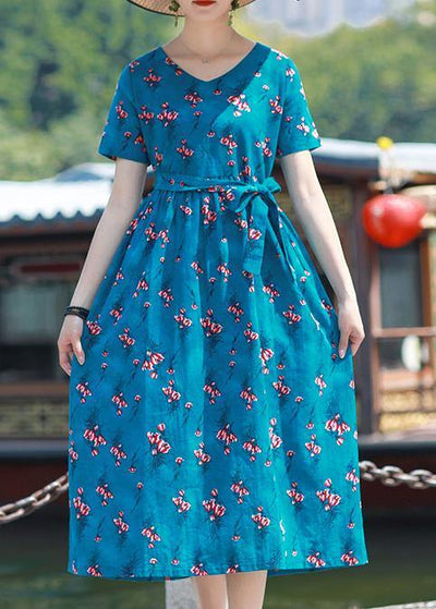 Bohemian blue green print cotton v neck tie waist tunic summer Dresses - SooLinen