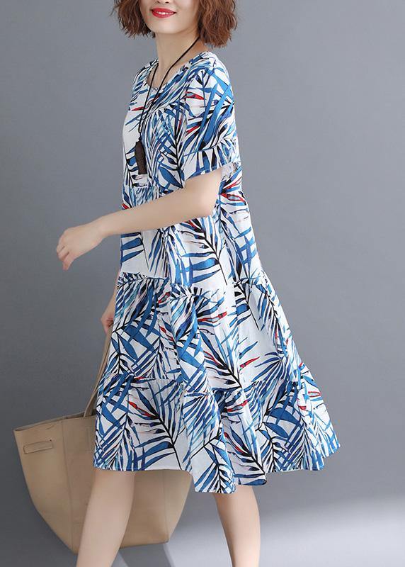 Bohemian blue print cotton clothes o neck Cinched tunic summer Dress - SooLinen