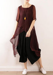 Bohemian burgundy linen top asymmetric hem Plus Size Clothing summer blouse - SooLinen