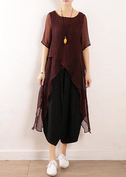 Bohemian burgundy linen top asymmetric hem Plus Size Clothing summer blouse - SooLinen