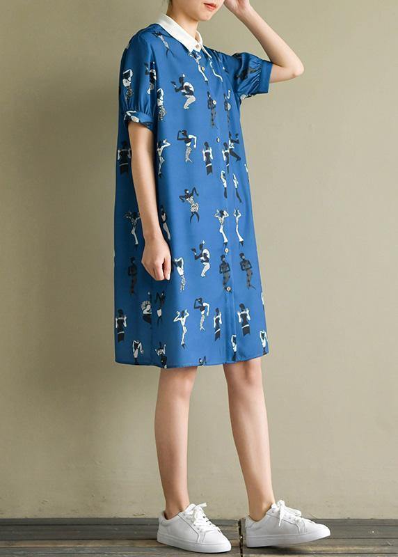 Bohemian dark blue print dress lapel lantern sleeve A Line summer Dresses - SooLinen