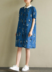 Bohemian dark blue print dress lapel lantern sleeve A Line summer Dresses - SooLinen