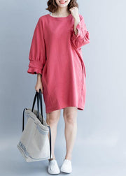 Bohemian dark pink Cotton clothes lantern sleeve oversized fall Dresses - SooLinen