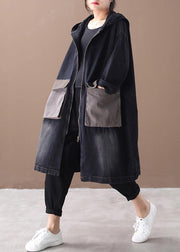 Bohemian denim black Fine tunic pattern Outfits hooded Large pockets winter women coats - SooLinen