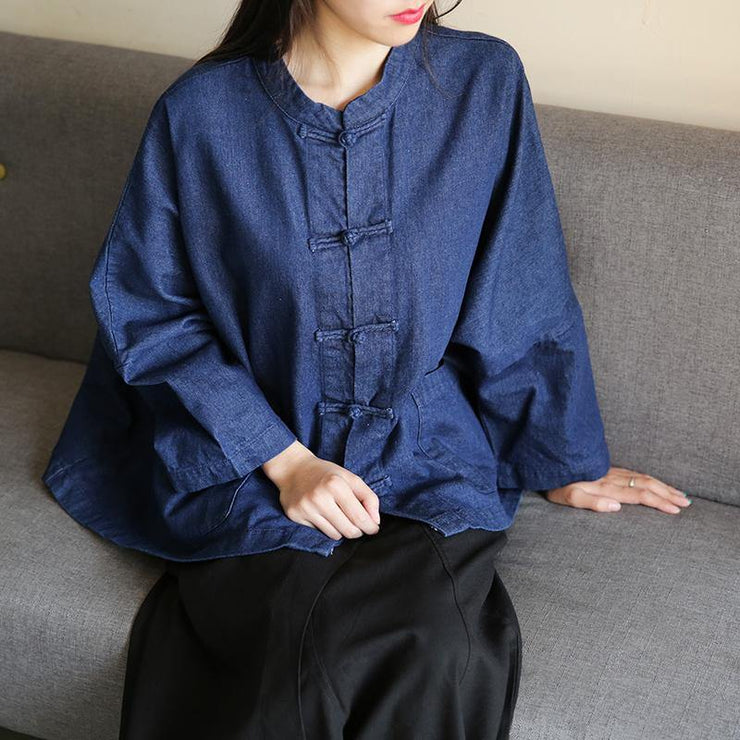 Bohemian denim dark blue clothes For Women stand collar Chinese Button tunic blouse - SooLinen