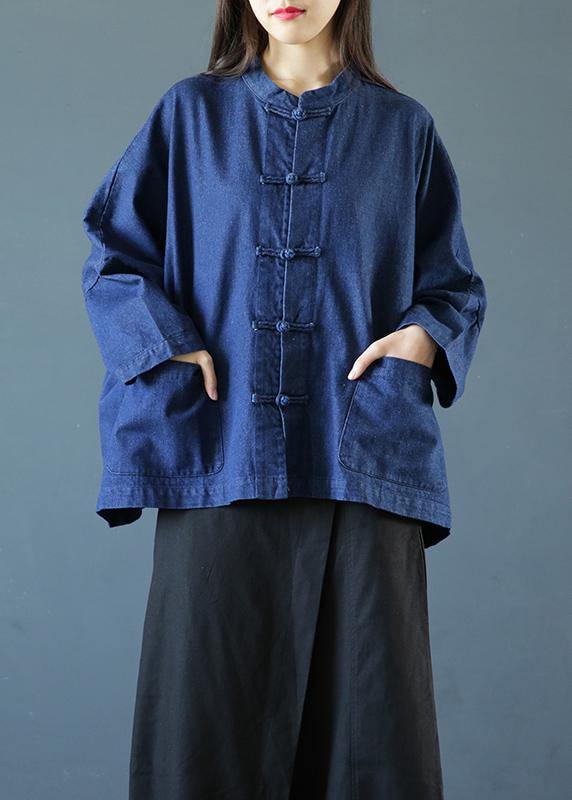 Bohemian denim dark blue clothes For Women stand collar Chinese Button tunic blouse - SooLinen