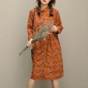 Bohemian embroidery Button Down cotton quilting clothes plus size Sleeve brown short Dresses