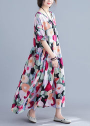 Bohemian floral Long dress half sleeve Cinched Maxi summer Dresses - SooLinen