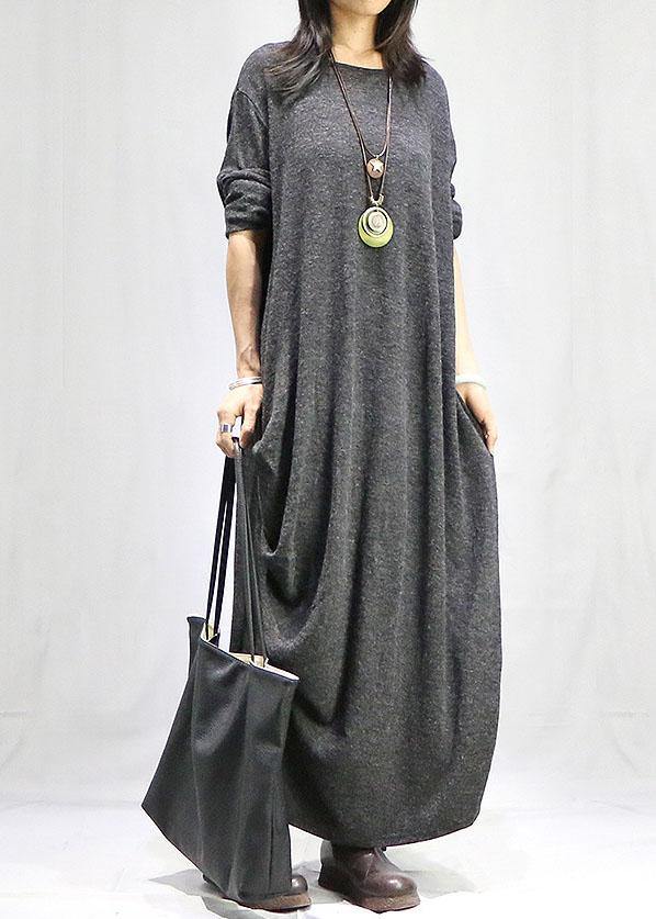 Bohemian gray dresses o neck long sleeve long fall Dress - SooLinen