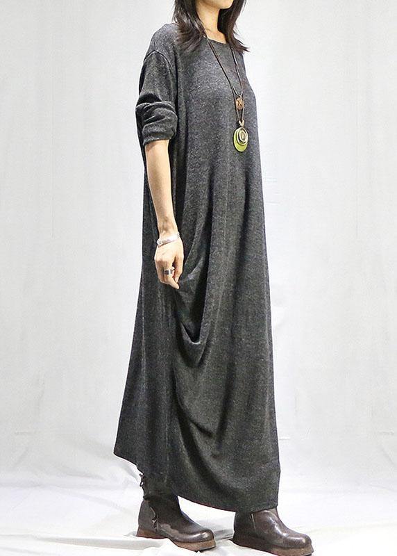 Bohemian gray dresses o neck long sleeve long fall Dress - SooLinen