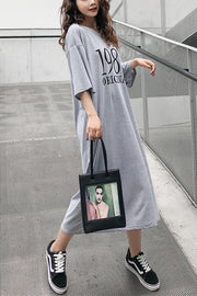 Bohemian gray print cotton clothes Omychic Inspiration o neck Half sleeve cotton robes Summer Dress