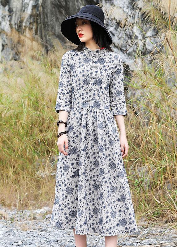 Bohemian gray prints linen clothes For Women Chinese Button A Line Dress - SooLinen