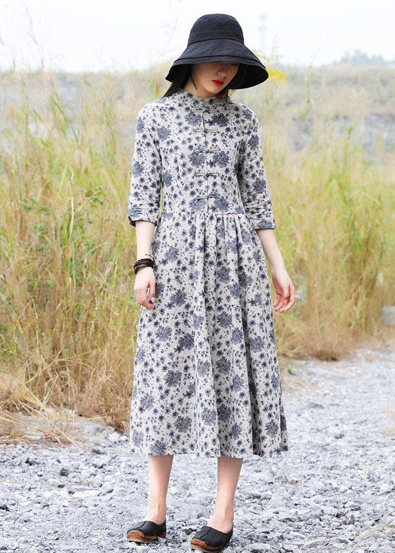 Bohemian gray prints linen clothes For Women Chinese Button A Line Dress - SooLinen