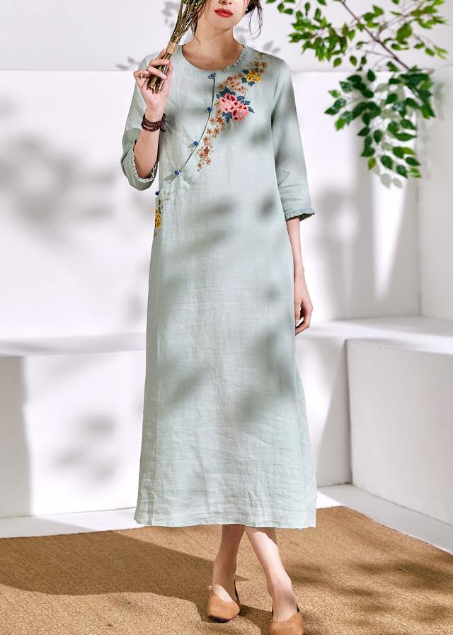 Bohemian green linen clothes For Women embroidery A Line o neck Dresses - SooLinen