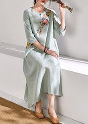 Bohemian green linen clothes For Women embroidery A Line o neck Dresses - SooLinen