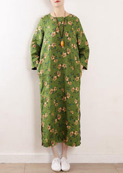 Bohemian green o neck linen outfit floral cotton summer Dress - SooLinen