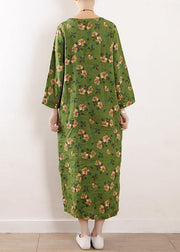 Bohemian green o neck linen outfit floral cotton summer Dress - SooLinen