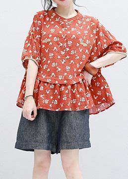 Bohemian half sleeve linen Tunic design red prints blouse summer - SooLinen