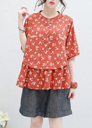 Bohemian half sleeve linen Tunic design red prints blouse summer - SooLinen