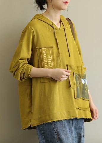 Bohemian hooded patchwork fall clothes For Women Fabrics yellow top - SooLinen